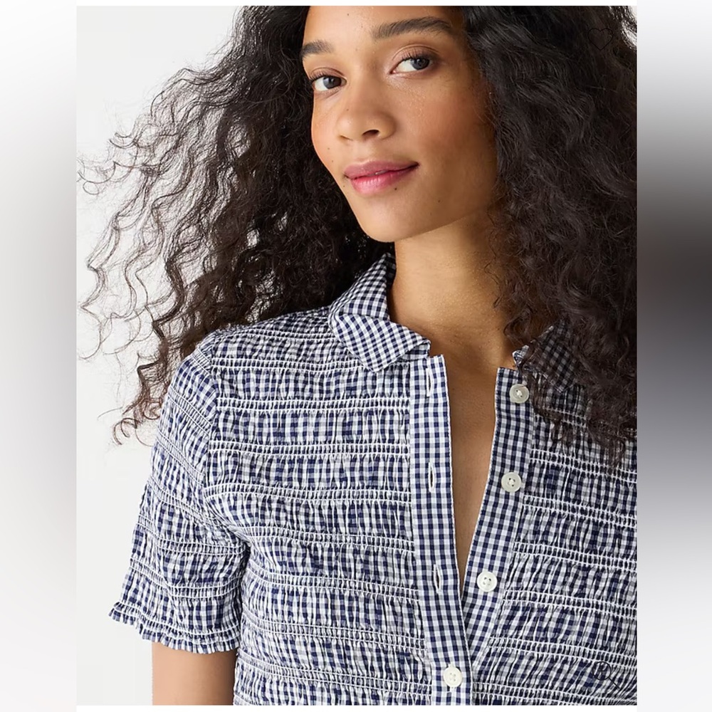 J. Crew Navy Gingham Smocked Button Up Shirt in Cotton Voile